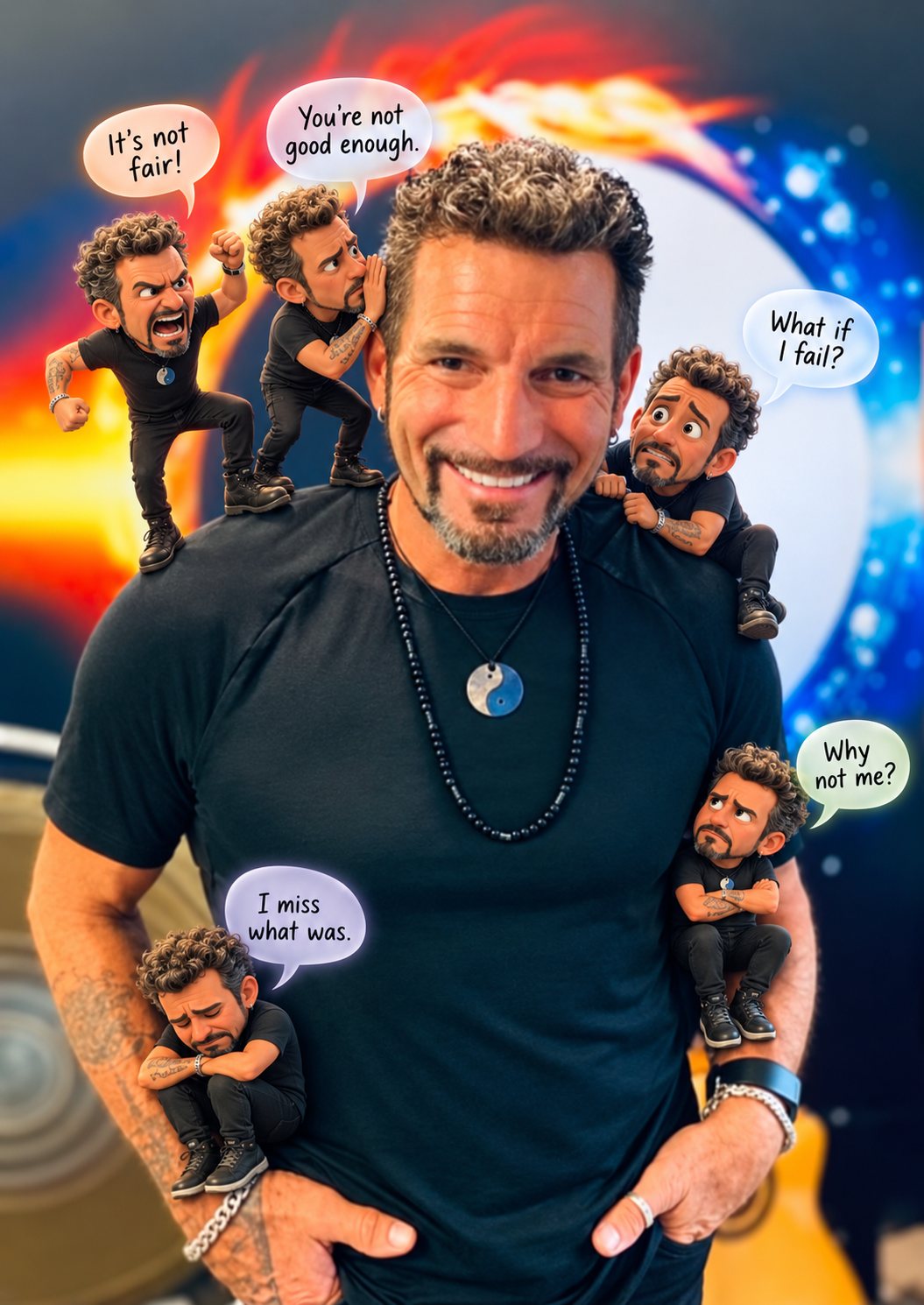 Michael the Mind Ninja surrounded by the little voices of the monkey mind